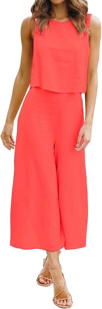 ROYLAMP Women's Summer 2 Piece Outfits Round neck Crop Basic Top Cropped Wide Leg pants Set Jumpsuits