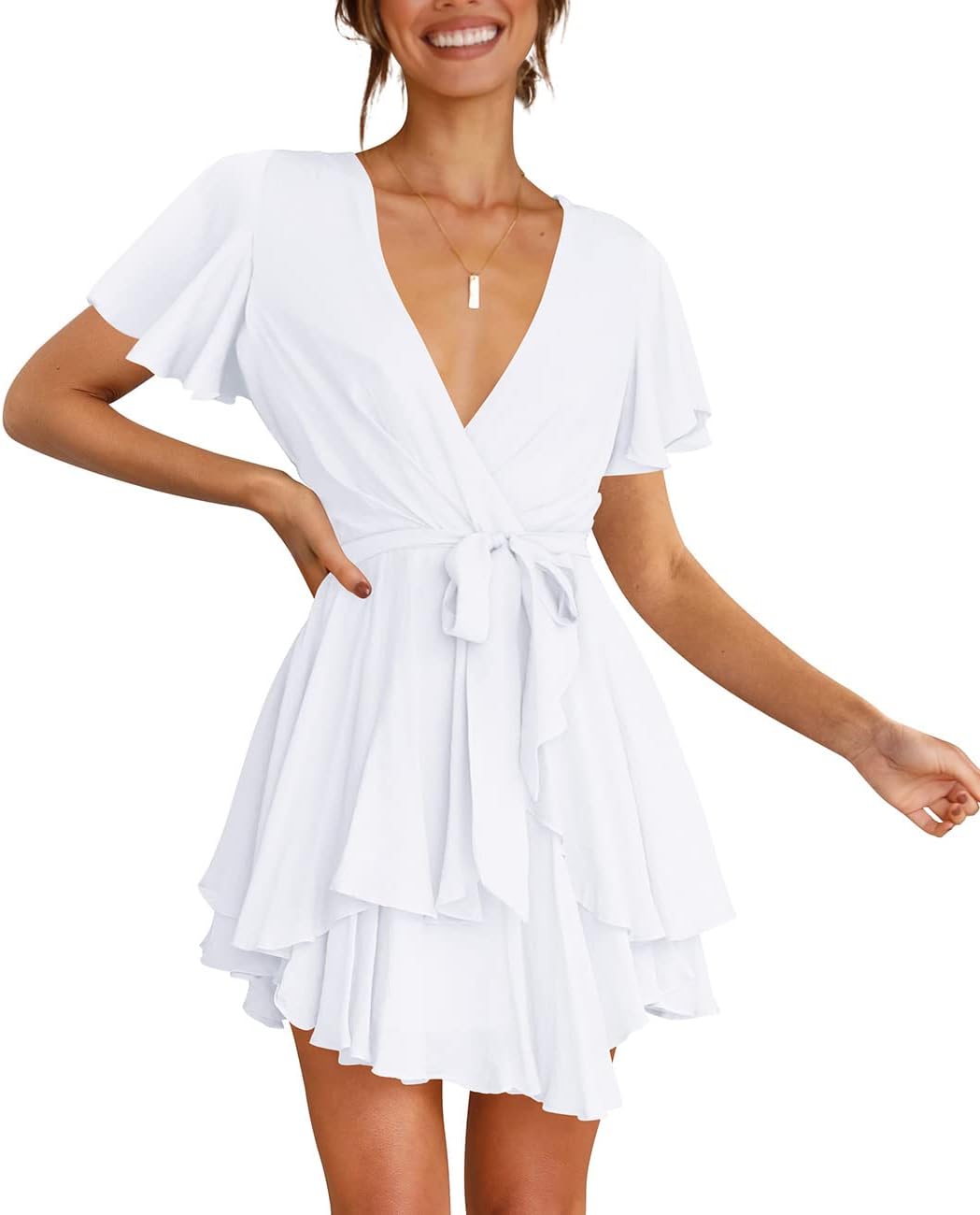 Cosonsen Women's Dress Deep V-Neck Long Sleeve Waist Tie Ruffle Mini Swing Skater Dresses