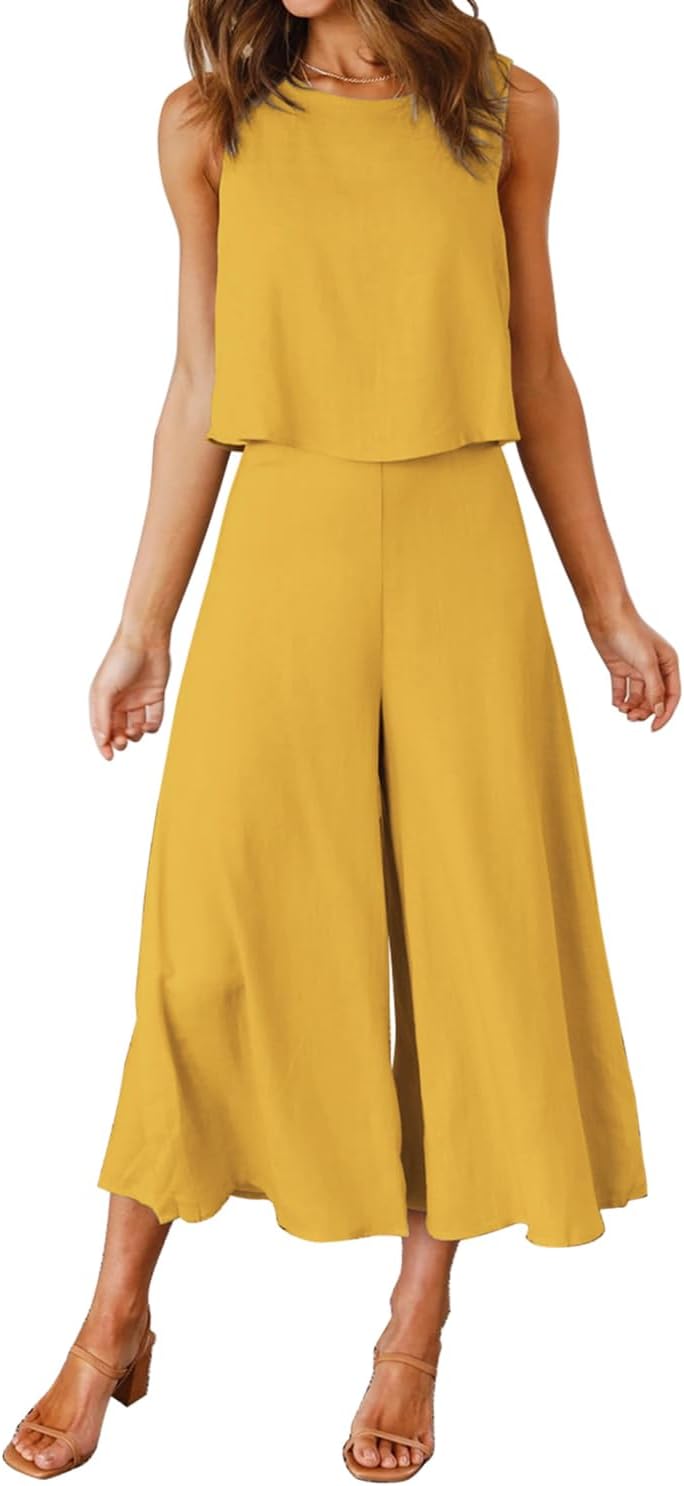 ROYLAMP Women's Summer 2 Piece Outfits Round neck Crop Basic Top Cropped Wide Leg pants Set Jumpsuits