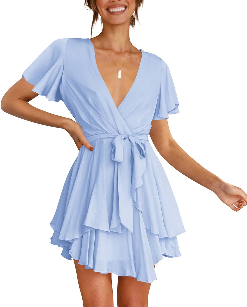 Cosonsen Women's Dress Deep V-Neck Long Sleeve Waist Tie Ruffle Mini Swing Skater Dresses