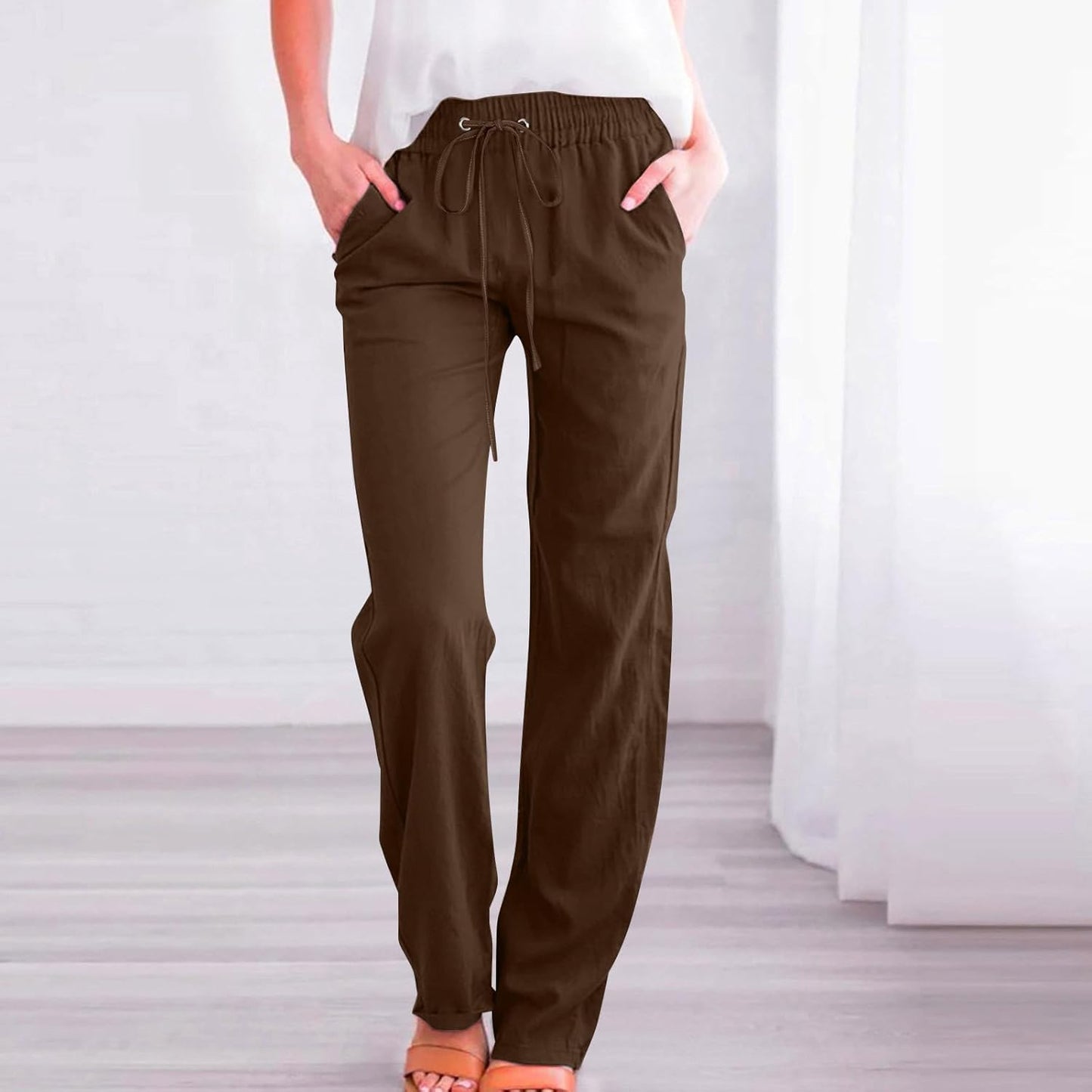 Linen Pants Women Fall Fashion High Waisted Cotton Pants Ladies Casual Plus Size Loose Fit Wide Leg Lounge Trousers