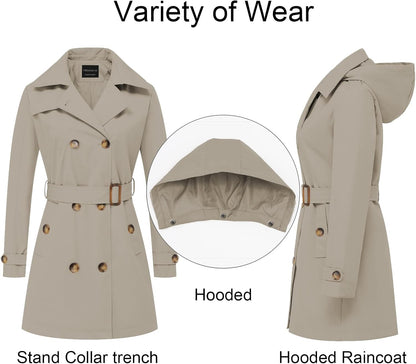CREATMO US Women's Trench Coat Double-Breasted Classic Lapel Overcoat Belted Slim Outerwear Coat with Detachable Hood