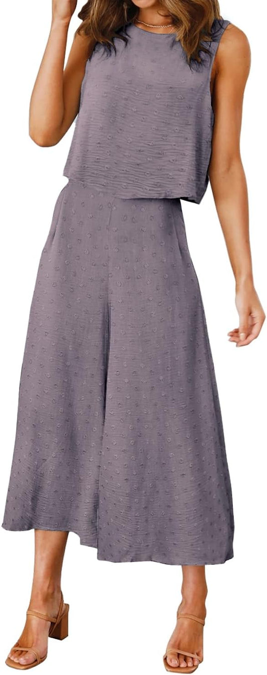 ROYLAMP Women's Summer 2 Piece Outfits Round neck Crop Basic Top Cropped Wide Leg pants Set Jumpsuits