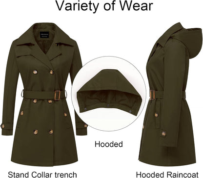 CREATMO US Women's Trench Coat Double-Breasted Classic Lapel Overcoat Belted Slim Outerwear Coat with Detachable Hood