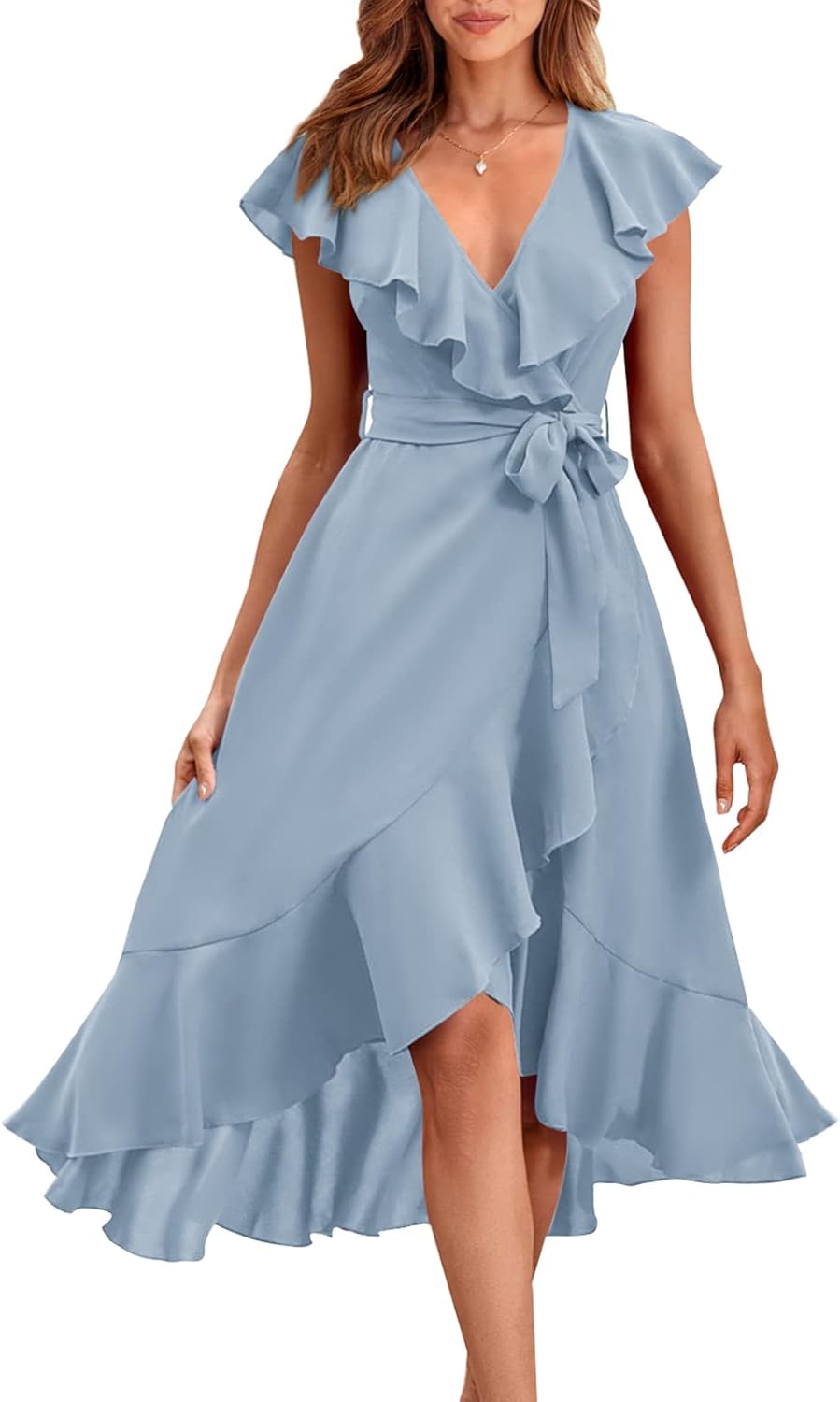 PRETTYGARDEN Women's 2025 Summer Cross Midi Dress Casual Boho Deep V Neck Short Sleeve Ruffle Hem Split Beach Long Dresses