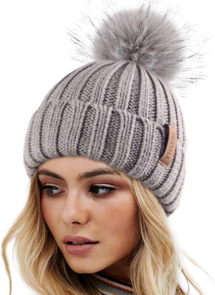 Beanie Hat with Faux Fur Pom
