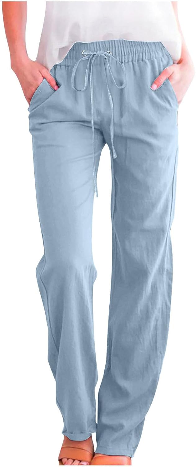 Linen Pants Women Fall Fashion High Waisted Cotton Pants Ladies Casual Plus Size Loose Fit Wide Leg Lounge Trousers