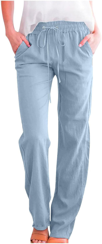 Linen Pants Women Fall Fashion High Waisted Cotton Pants Ladies Casual Plus Size Loose Fit Wide Leg Lounge Trousers