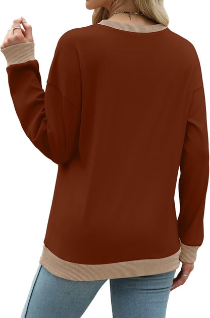 WIHOLL Sweatshirts for Women Crewneck Long Sleeve Loose Fit Sweaters Color Block Ribbed Trim Womens Tops Fall Fashion 2025