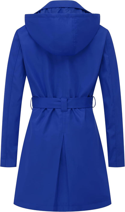 CREATMO US Women's Trench Coat Double-Breasted Classic Lapel Overcoat Belted Slim Outerwear Coat with Detachable Hood