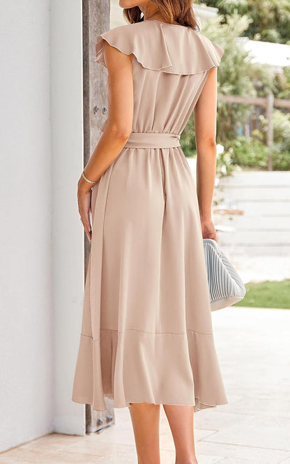 PRETTYGARDEN Women's 2025 Summer Cross Midi Dress Casual Boho Deep V Neck Short Sleeve Ruffle Hem Split Beach Long Dresses
