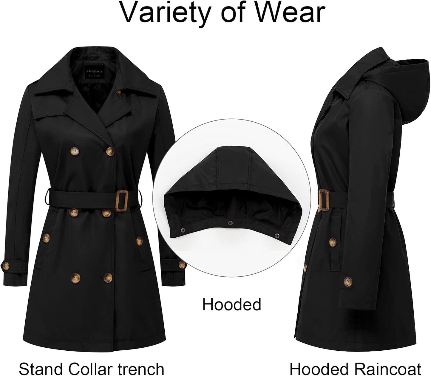 CREATMO US Women's Trench Coat Double-Breasted Classic Lapel Overcoat Belted Slim Outerwear Coat with Detachable Hood