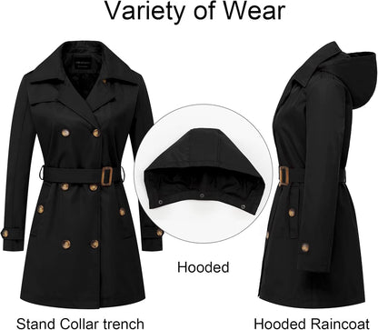 CREATMO US Women's Trench Coat Double-Breasted Classic Lapel Overcoat Belted Slim Outerwear Coat with Detachable Hood
