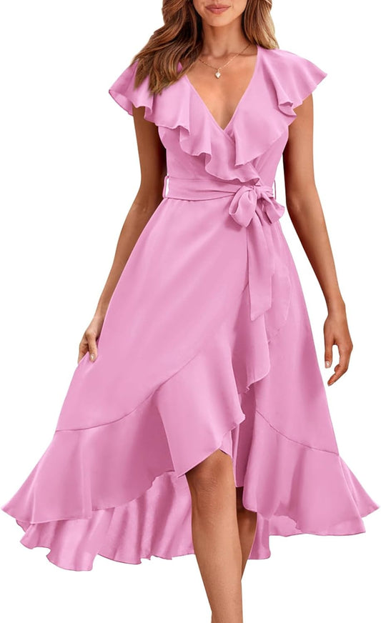 PRETTYGARDEN Women's 2025 Summer Cross Midi Dress Casual Boho Deep V Neck Short Sleeve Ruffle Hem Split Beach Long Dresses