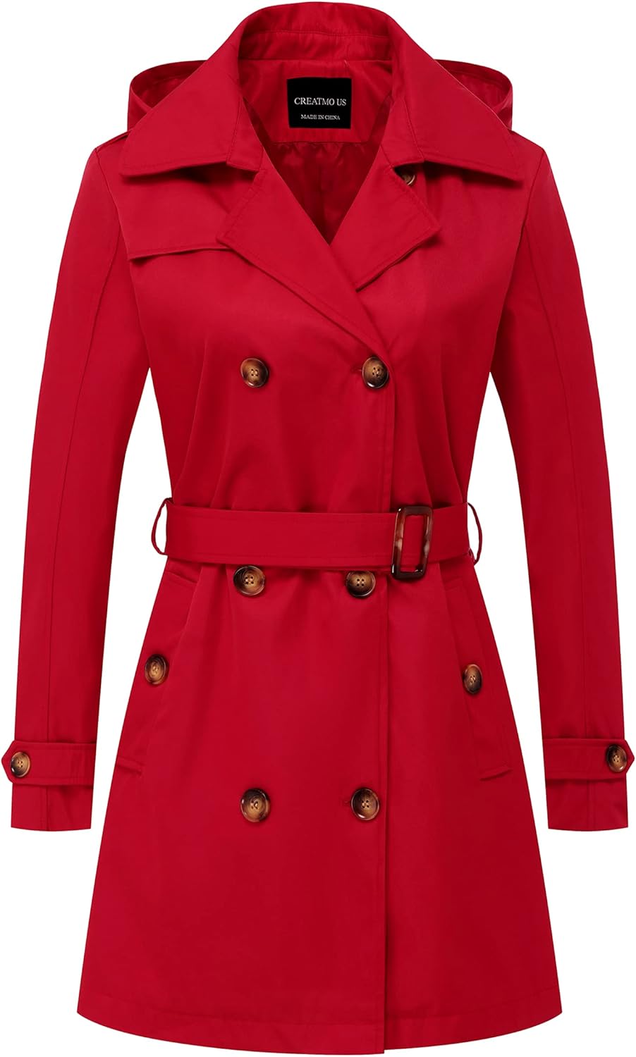 CREATMO US Women's Trench Coat Double-Breasted Classic Lapel Overcoat Belted Slim Outerwear Coat with Detachable Hood