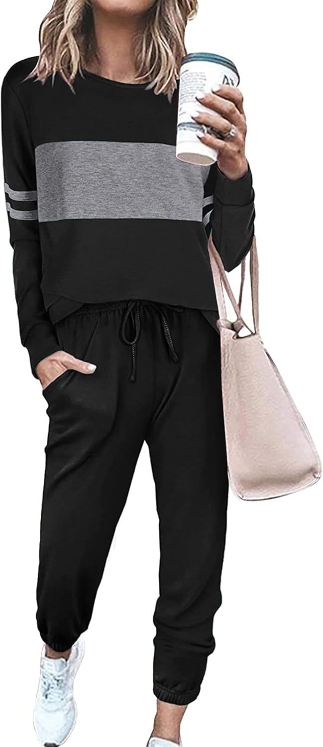 PRETTYGARDEN Women's Color Block 2 Piece 2025 Fall Tracksuit Crewneck Long Sleeve Tops Long Sweatpants Outfits Lounge Sets