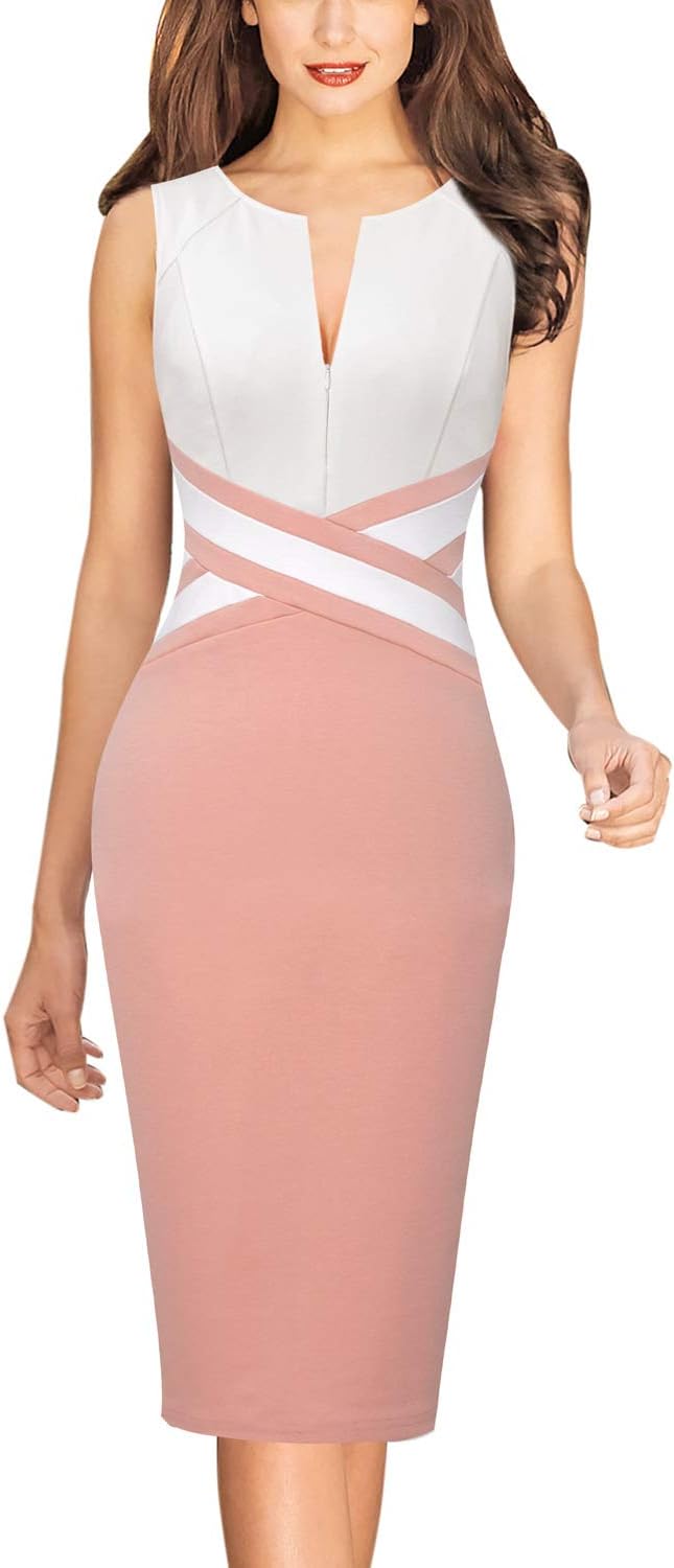 VFSHOW Womens Colorblock Patchwork Slim Front Zipper Work Business Office Party Bodycon Pencil Sheath Dress
