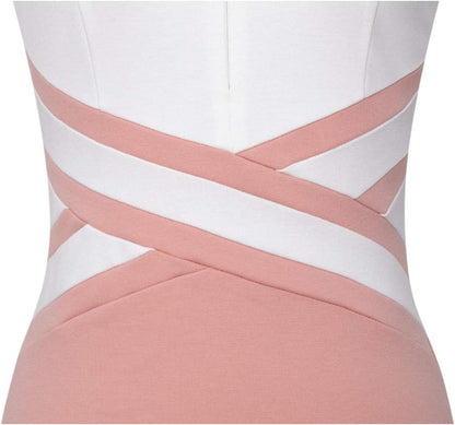 VFSHOW Womens Colorblock Patchwork Slim Front Zipper Work Business Office Party Bodycon Pencil Sheath Dress