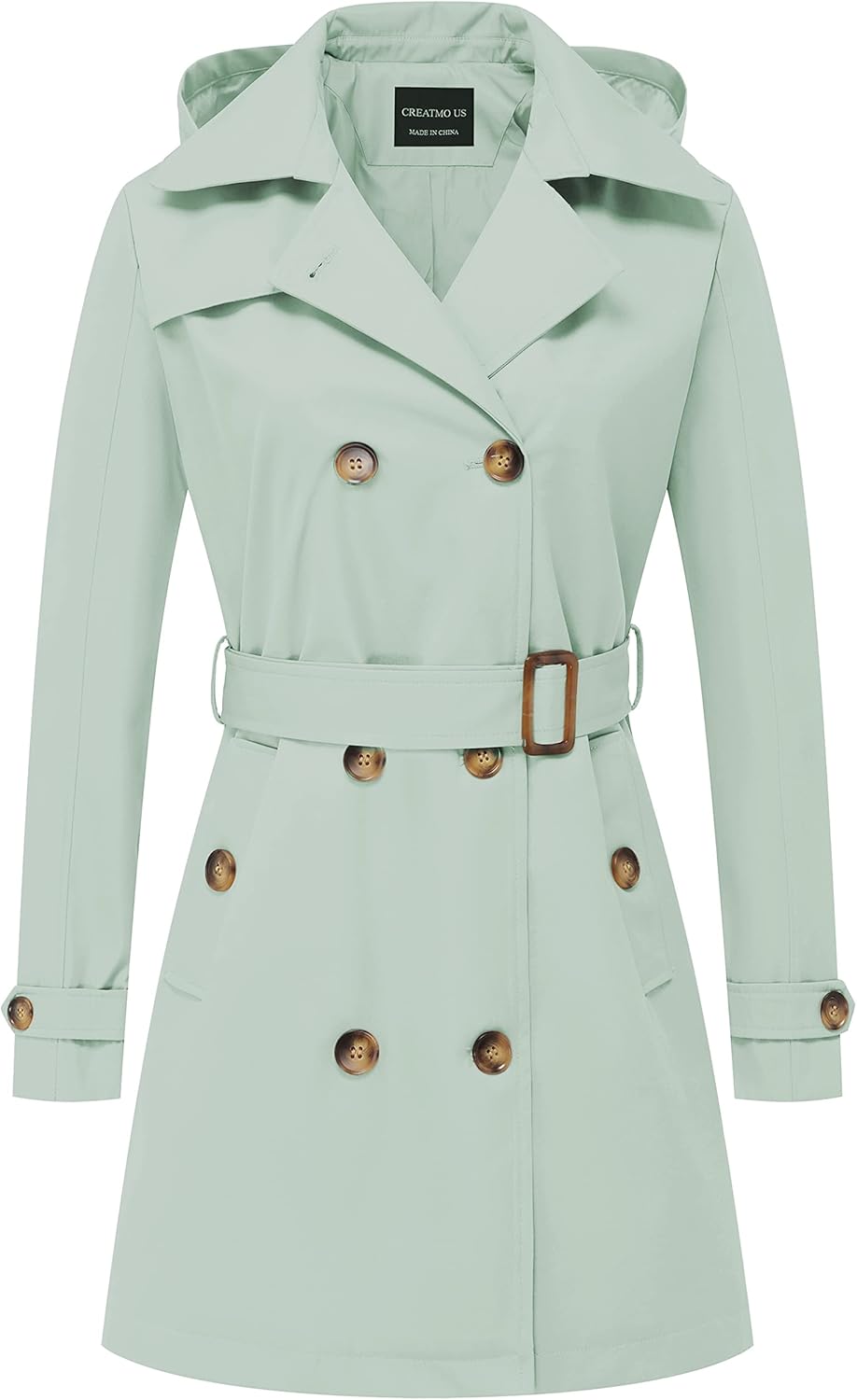 CREATMO US Women's Trench Coat Double-Breasted Classic Lapel Overcoat Belted Slim Outerwear Coat with Detachable Hood