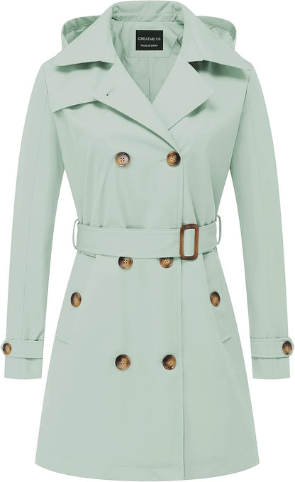 CREATMO US Women's Trench Coat Double-Breasted Classic Lapel Overcoat Belted Slim Outerwear Coat with Detachable Hood