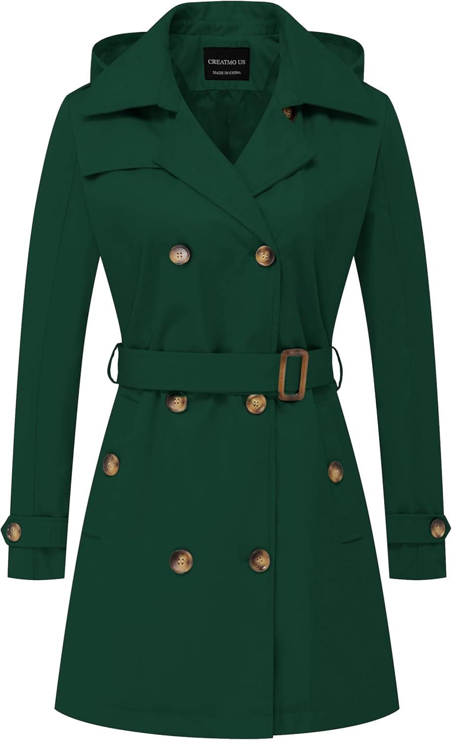 CREATMO US Women's Trench Coat Double-Breasted Classic Lapel Overcoat Belted Slim Outerwear Coat with Detachable Hood