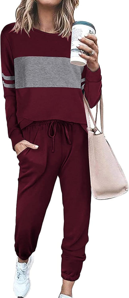 PRETTYGARDEN Women's Color Block 2 Piece 2025 Fall Tracksuit Crewneck Long Sleeve Tops Long Sweatpants Outfits Lounge Sets