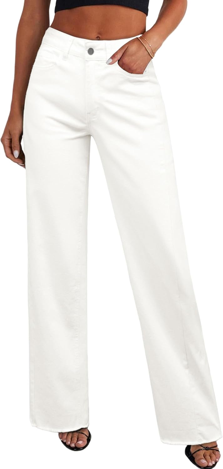 PRETTYGARDEN Wide Leg Jeans for Women Trendy 2025 High Waisted Stretchy Baggy Raw Hem Denim Palazzo Pants with Pockets