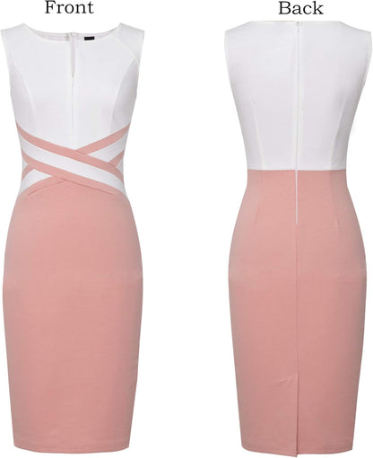 VFSHOW Womens Colorblock Patchwork Slim Front Zipper Work Business Office Party Bodycon Pencil Sheath Dress