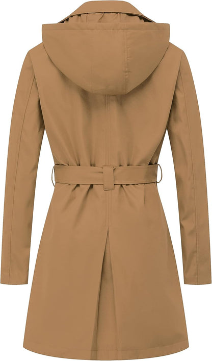 CREATMO US Women's Trench Coat Double-Breasted Classic Lapel Overcoat Belted Slim Outerwear Coat with Detachable Hood