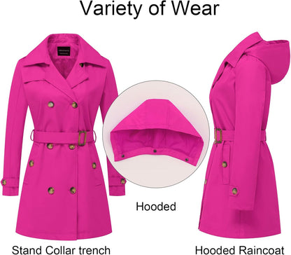CREATMO US Women's Trench Coat Double-Breasted Classic Lapel Overcoat Belted Slim Outerwear Coat with Detachable Hood
