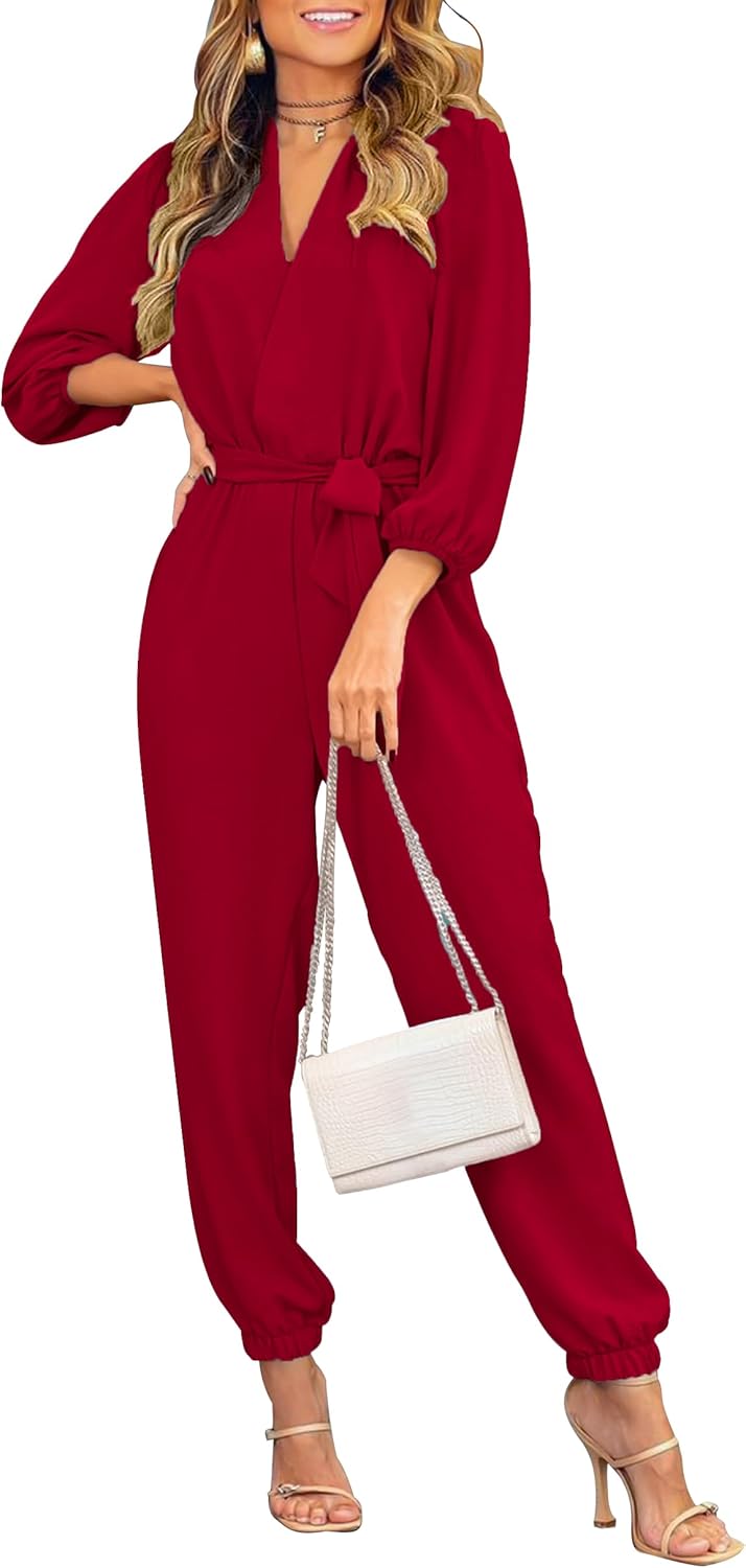 PRETTYGARDEN Women's Fall Jumpsuits Dressy Casual Pants Romper Spring Long Sleeve V Neck Belt Pockets One Piece Outfits