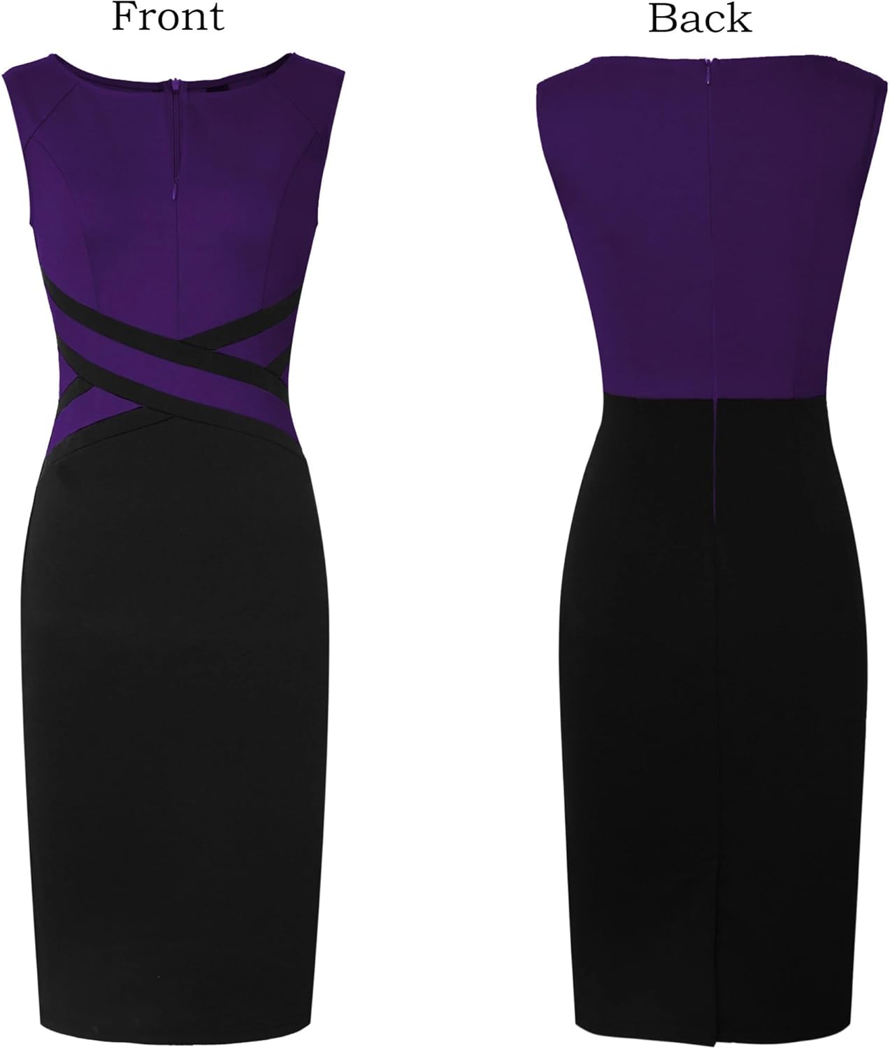 VFSHOW Womens Colorblock Patchwork Slim Front Zipper Work Business Office Party Bodycon Pencil Sheath Dress