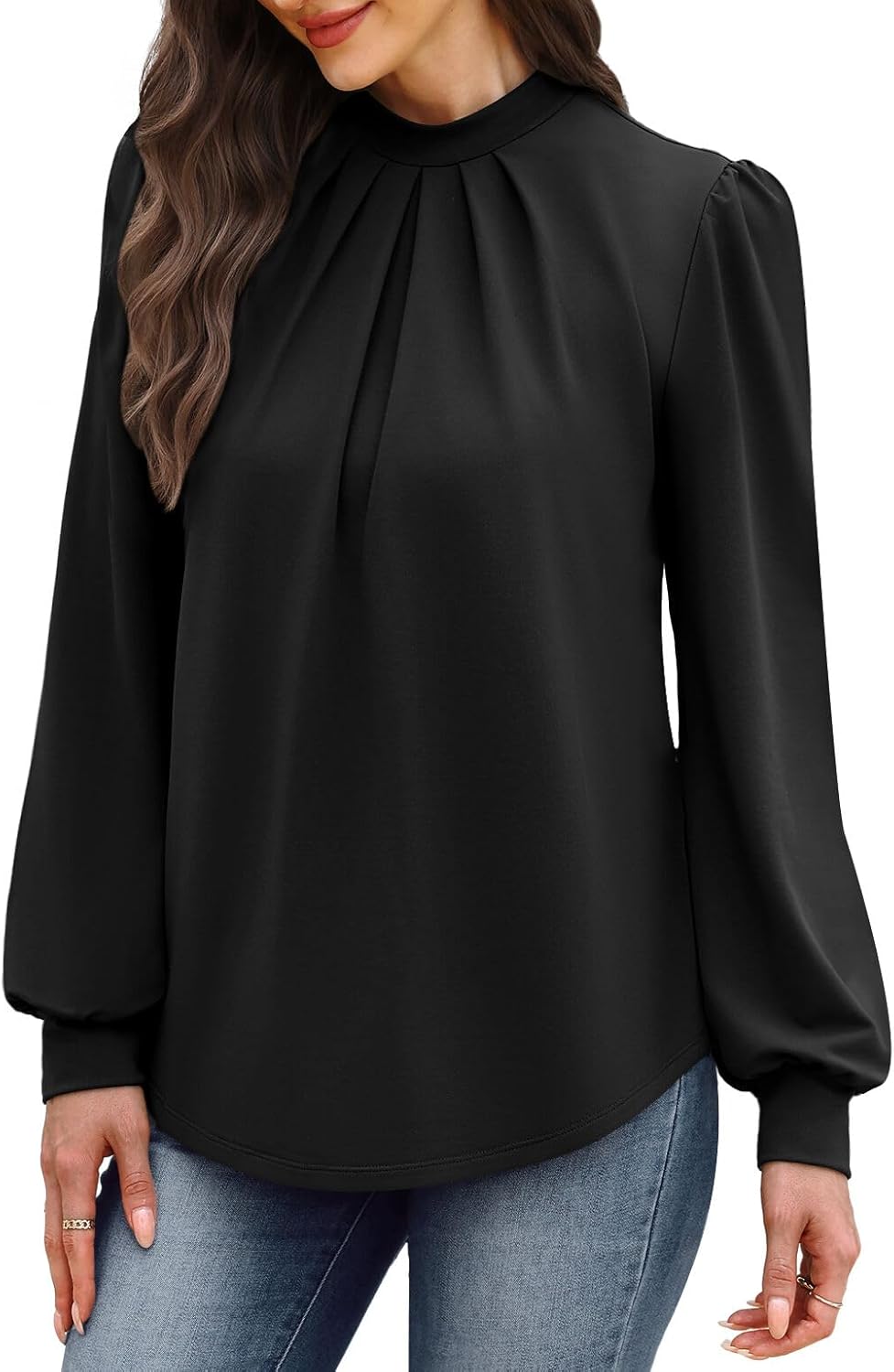 WIHOLL Long Sleeve Shirts for Women Mock Neck Tops Pleated Front Blouses Dressy Casual Fall Clothes 2025 Fashion