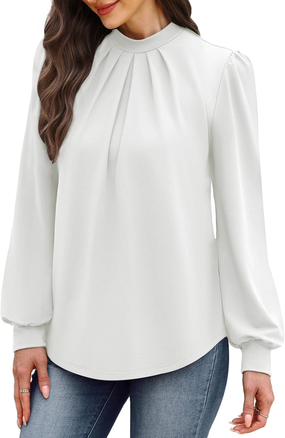 WIHOLL Long Sleeve Shirts for Women Mock Neck Tops Pleated Front Blouses Dressy Casual Fall Clothes 2025 Fashion