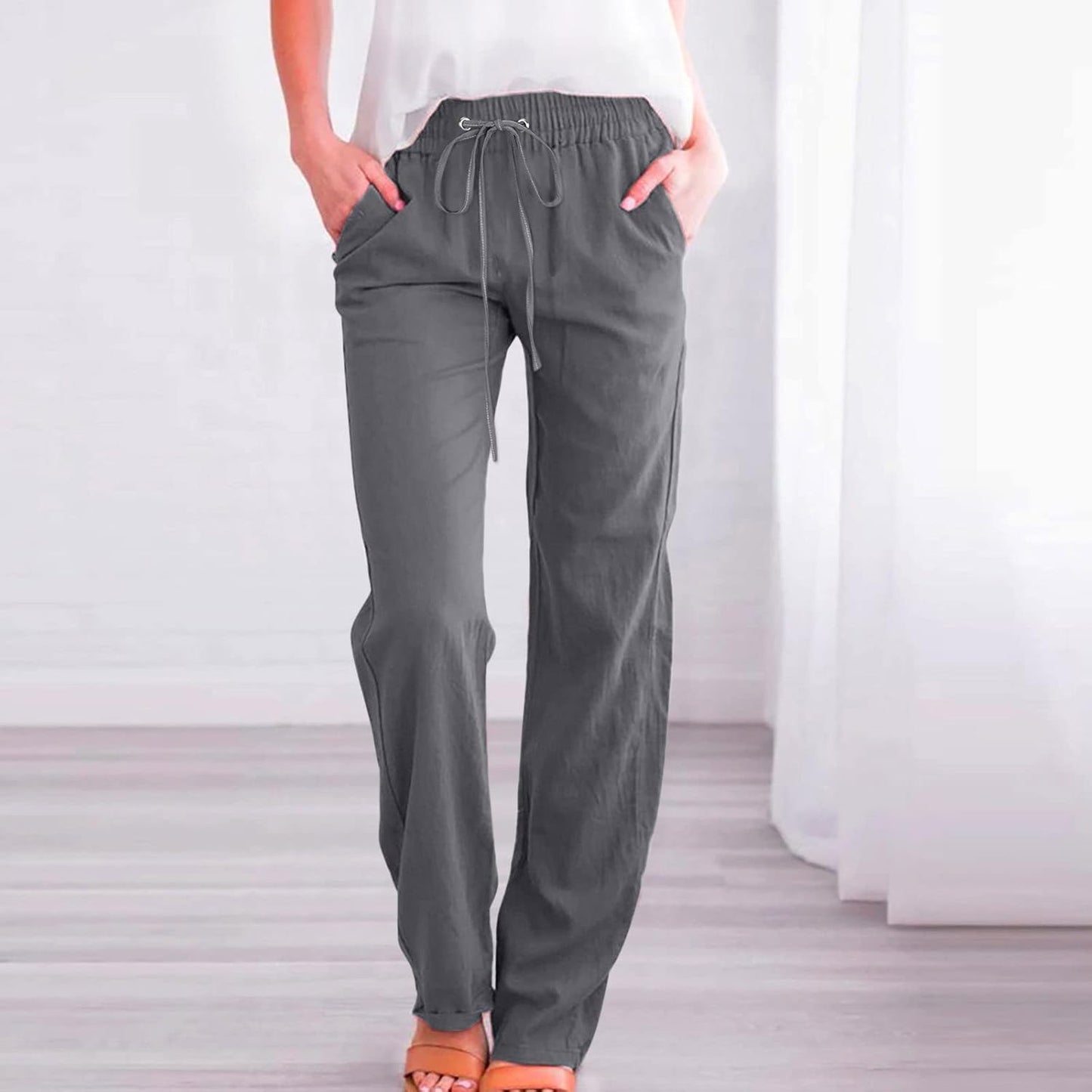 Linen Pants Women Fall Fashion High Waisted Cotton Pants Ladies Casual Plus Size Loose Fit Wide Leg Lounge Trousers