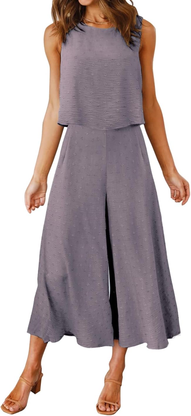 ROYLAMP Women's Summer 2 Piece Outfits Round neck Crop Basic Top Cropped Wide Leg pants Set Jumpsuits