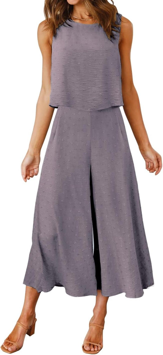 ROYLAMP Women's Summer 2 Piece Outfits Round neck Crop Basic Top Cropped Wide Leg pants Set Jumpsuits