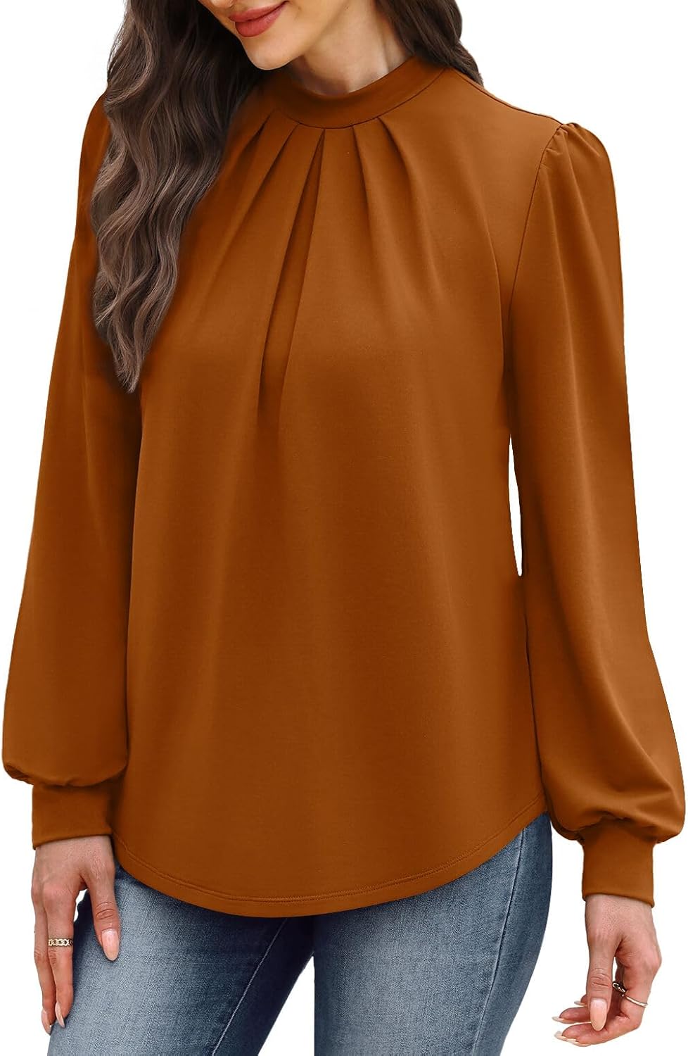 WIHOLL Long Sleeve Shirts for Women Mock Neck Tops Pleated Front Blouses Dressy Casual Fall Clothes 2025 Fashion