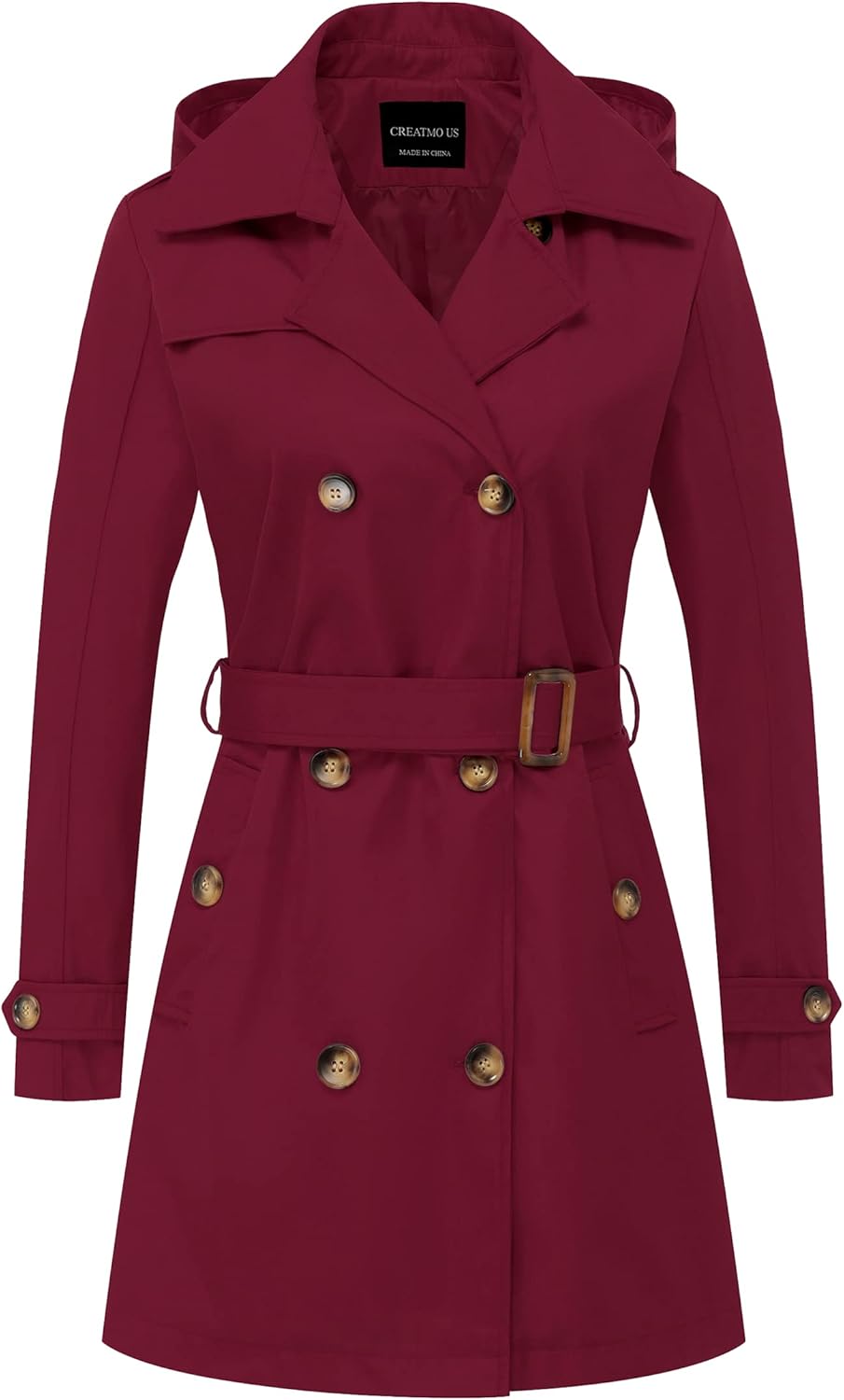 CREATMO US Women's Trench Coat Double-Breasted Classic Lapel Overcoat Belted Slim Outerwear Coat with Detachable Hood