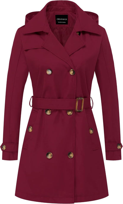 CREATMO US Women's Trench Coat Double-Breasted Classic Lapel Overcoat Belted Slim Outerwear Coat with Detachable Hood