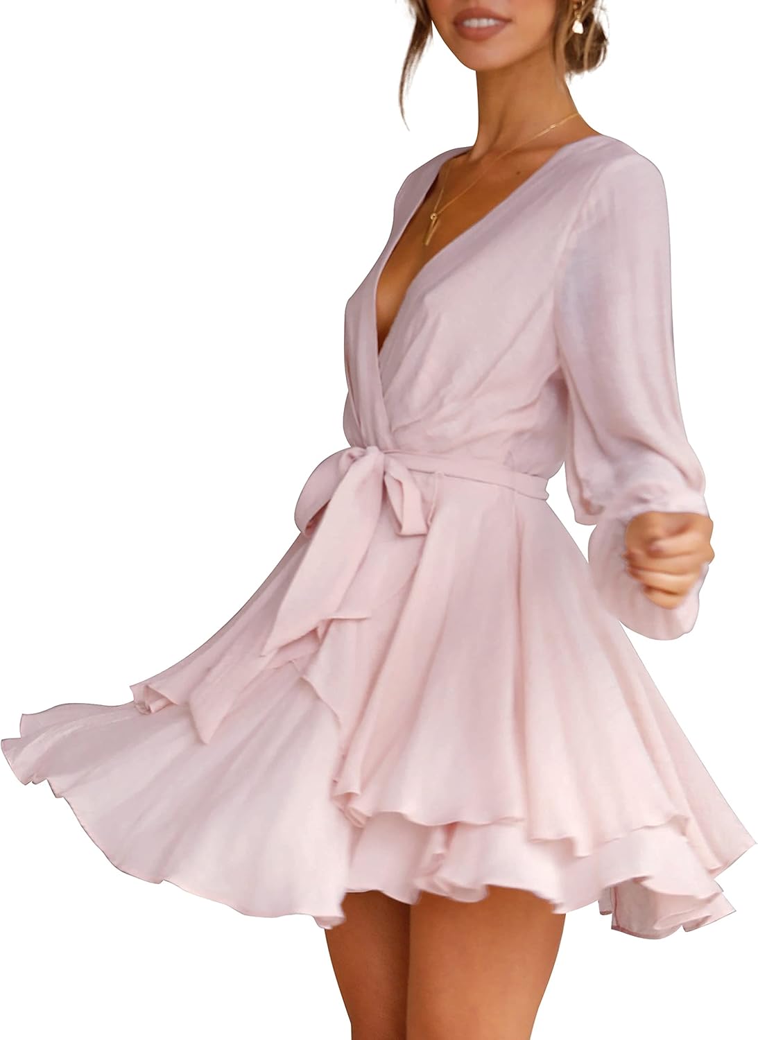Cosonsen Women's Dress Deep V-Neck Long Sleeve Waist Tie Ruffle Mini Swing Skater Dresses