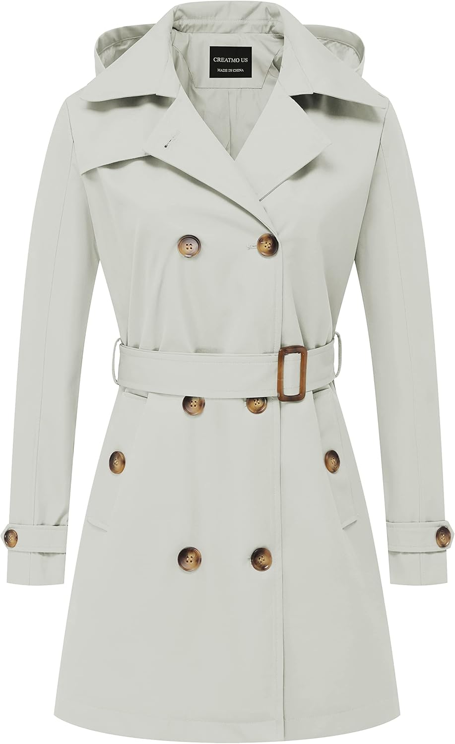 CREATMO US Women's Trench Coat Double-Breasted Classic Lapel Overcoat Belted Slim Outerwear Coat with Detachable Hood