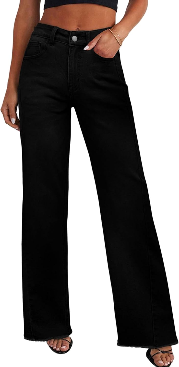 PRETTYGARDEN Wide Leg Jeans for Women Trendy 2025 High Waisted Stretchy Baggy Raw Hem Denim Palazzo Pants with Pockets