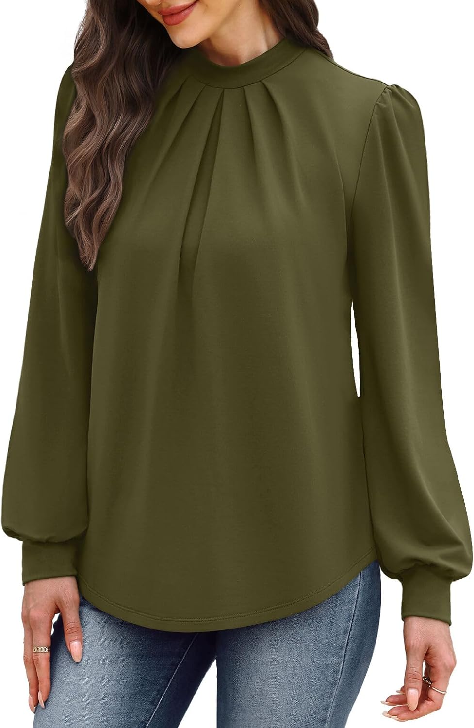 WIHOLL Long Sleeve Shirts for Women Mock Neck Tops Pleated Front Blouses Dressy Casual Fall Clothes 2025 Fashion