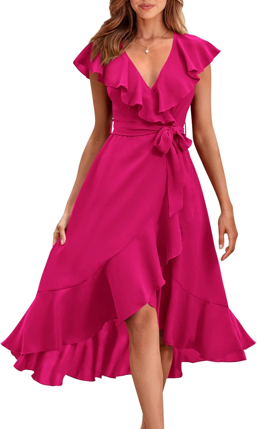 PRETTYGARDEN Women's 2025 Summer Cross Midi Dress Casual Boho Deep V Neck Short Sleeve Ruffle Hem Split Beach Long Dresses