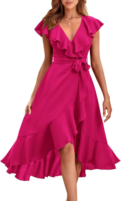 PRETTYGARDEN Women's 2025 Summer Cross Midi Dress Casual Boho Deep V Neck Short Sleeve Ruffle Hem Split Beach Long Dresses
