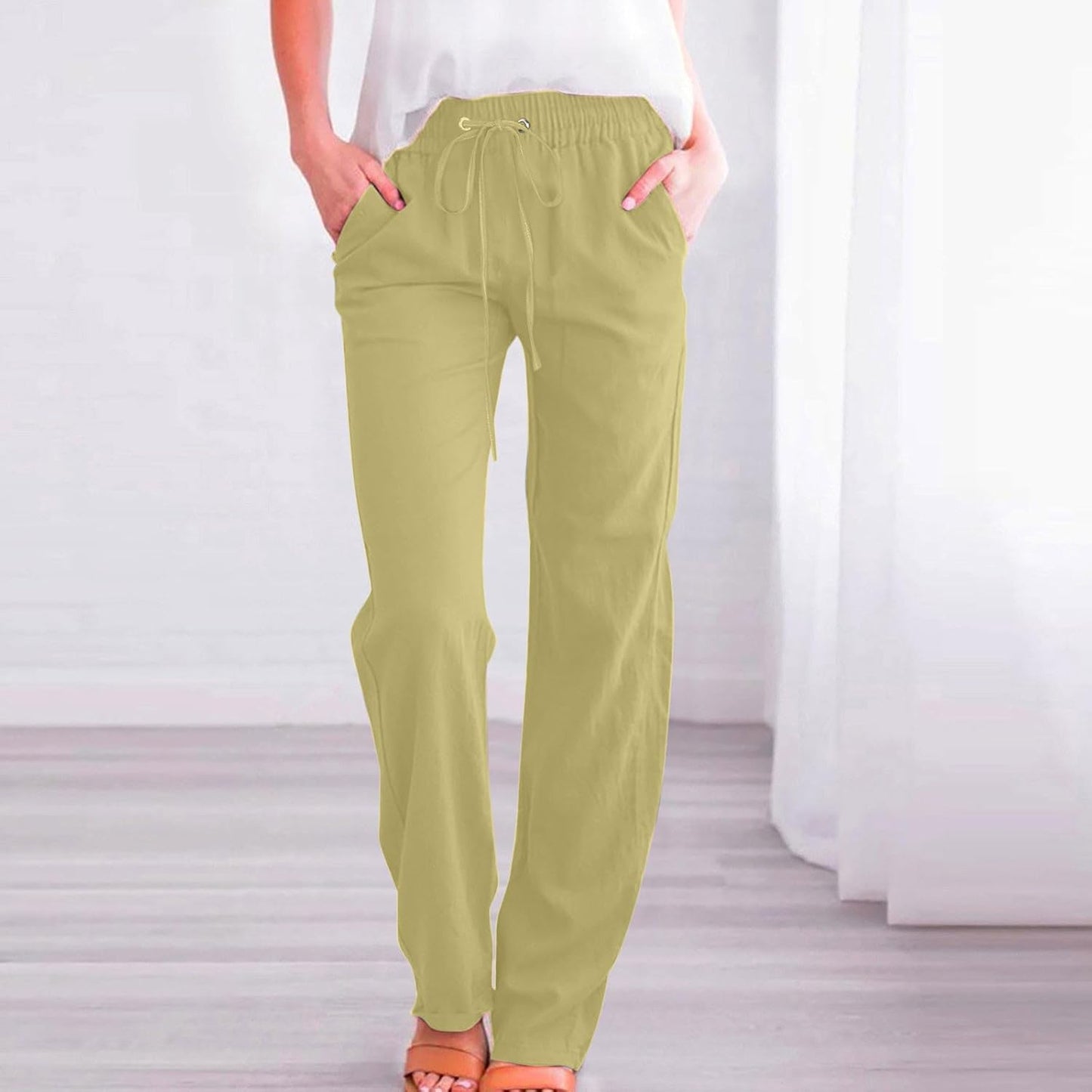 Linen Pants Women Fall Fashion High Waisted Cotton Pants Ladies Casual Plus Size Loose Fit Wide Leg Lounge Trousers