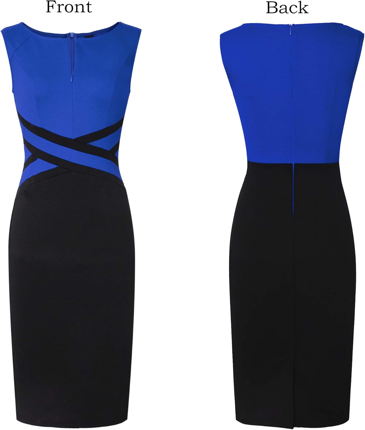 VFSHOW Womens Colorblock Patchwork Slim Front Zipper Work Business Office Party Bodycon Pencil Sheath Dress