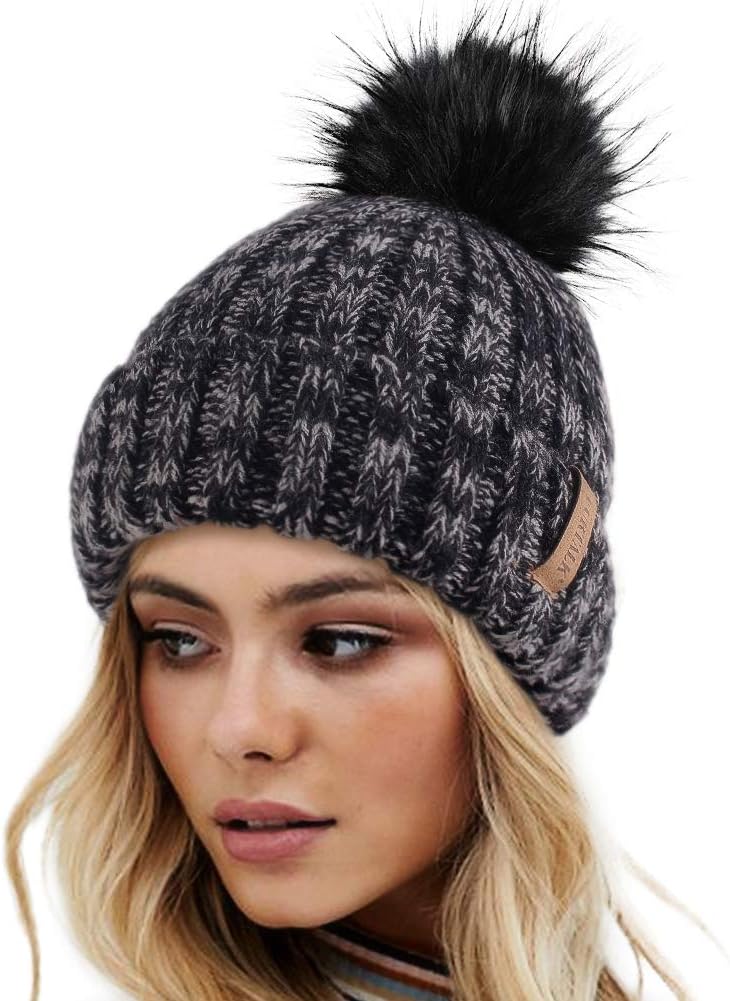 Beanie Hat with Faux Fur Pom