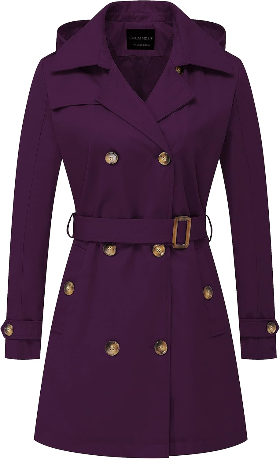 CREATMO US Women's Trench Coat Double-Breasted Classic Lapel Overcoat Belted Slim Outerwear Coat with Detachable Hood